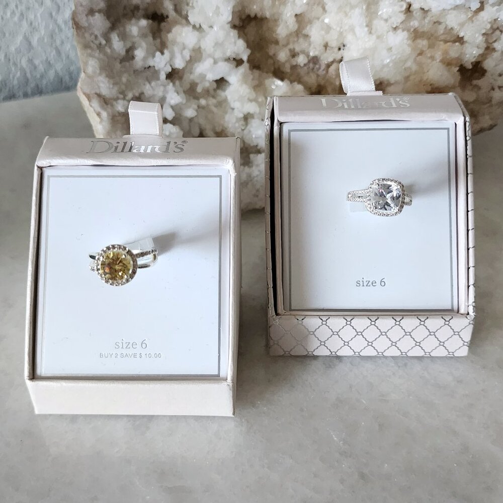 NEW Set of 2 Dillards Faux Diamond Engagement Wedding Rings | Silver Yellow